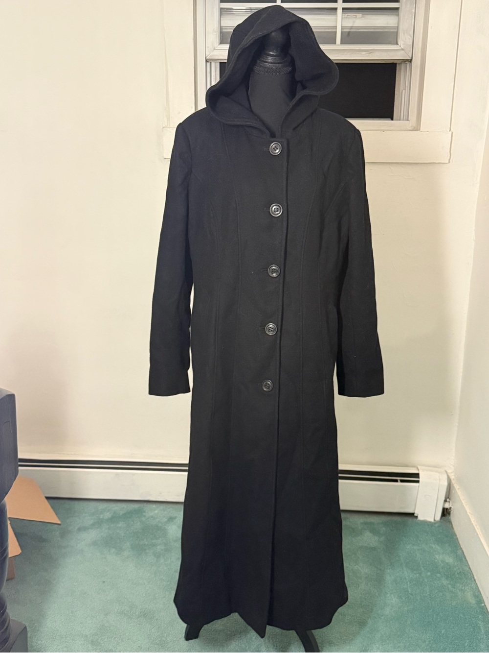 Covington Black 90% Wool Hooded Maxi Coat L 14-16 Full Length